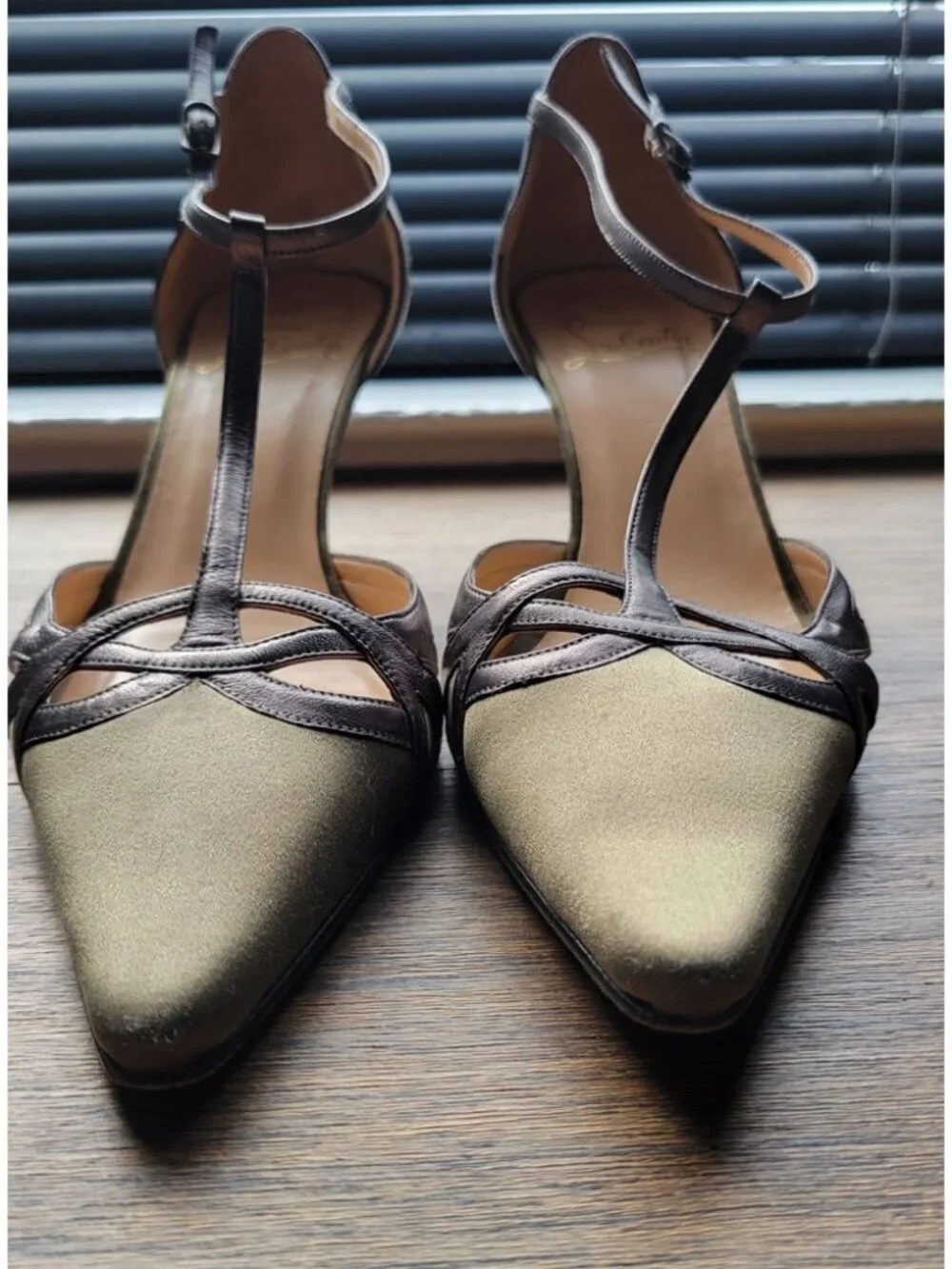 Christian Louboutin Rare Kitten Heels Brown Satin with Grey Leather Straps/Trim